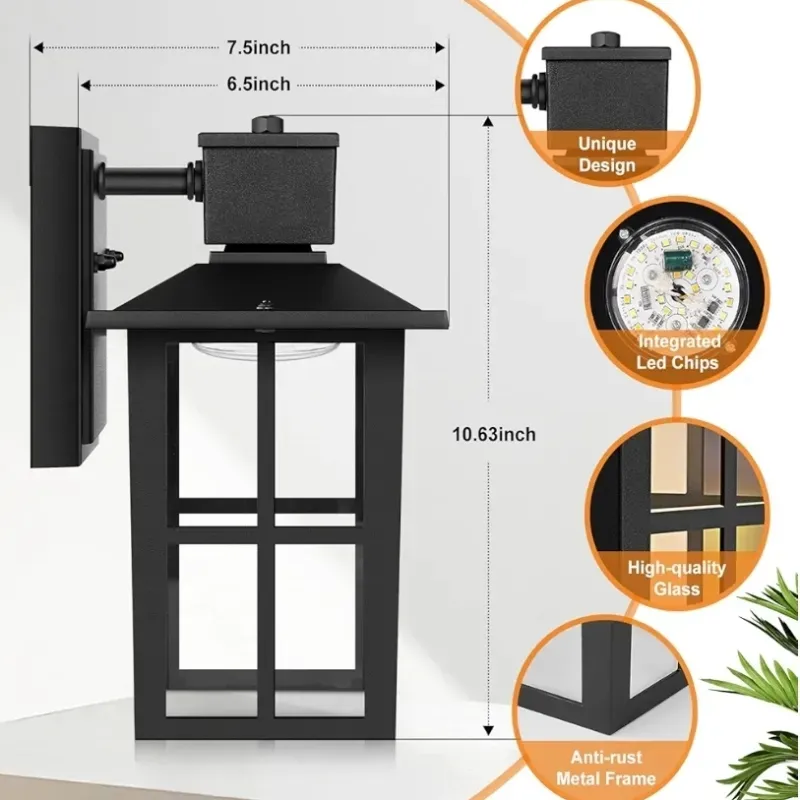 Luces de pared exteriores LED más brillantes, seleccionables a 10W 3000K/4000K/6500K, de 800LM de luz exterior negra de alto brillo con una tapa de cristal transparente, linternas de pared exteriores impermeables para Patio, 1 Pack