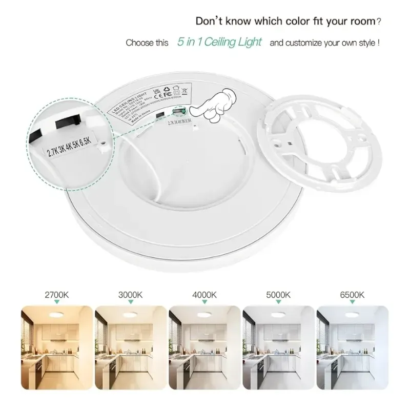 Luminaria de techo LED empotrada Brightever de 9 pulgadas, 5 en 1 CCT 2700K/3000K/4000K/5000K/6500K seleccionable, equivalente a 180W, 2200LM, superdelgada, 18W, para sala de estar y porche