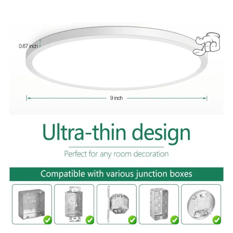 Luminaria de techo LED empotrada Brightever de 9 pulgadas, 5 en 1 CCT 2700K/3000K/4000K/5000K/6500K seleccionable, equivalente a 180W, 2200LM, superdelgada, 18W, para sala de estar y porche