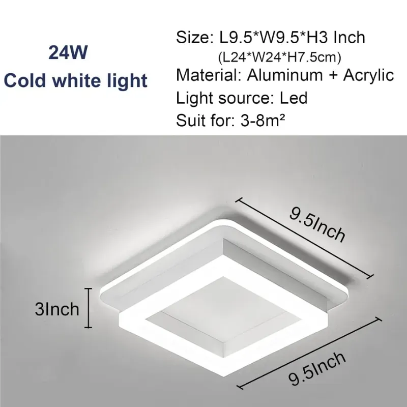 Luz de pasillo cuadrado CANEOE 24W, luz de techo con techo con montura de color moderna, acrílico blanco cerca de las luces del techo para el comedor del dormitorio Cocina Balcón Baño de la lámpara de techo de la isla (blanco fresco, 6000K)