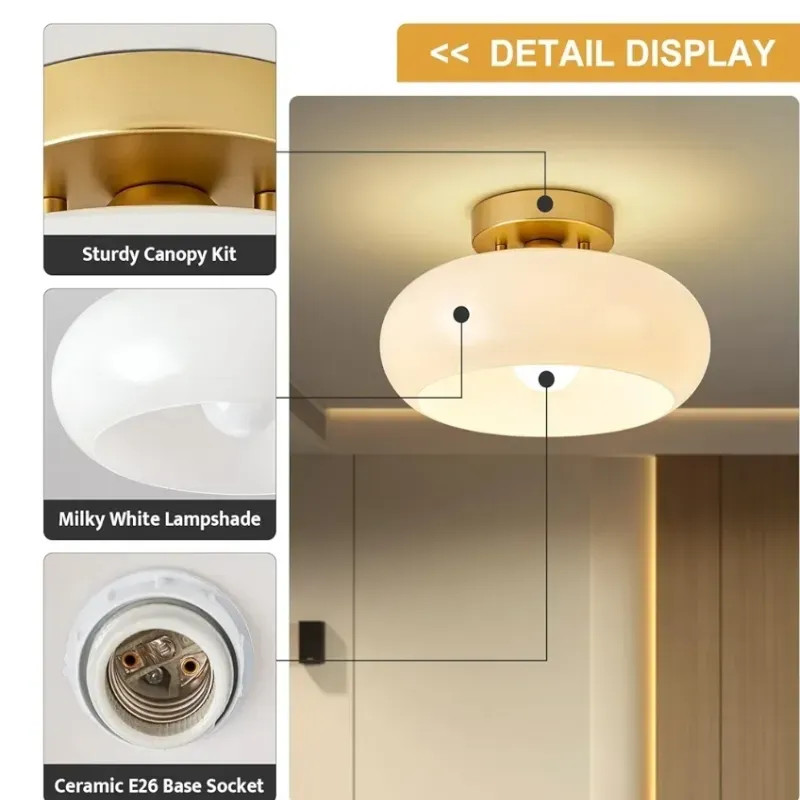 Luz de techo de semiploqueo de color dorado moderno de mediados de siglo, lámpara de techo de cocina con sombra de vidrio, blanco vintage cerca de la lámpara de techo para el baño de pasillo de entrada (8,66 pulgadas)