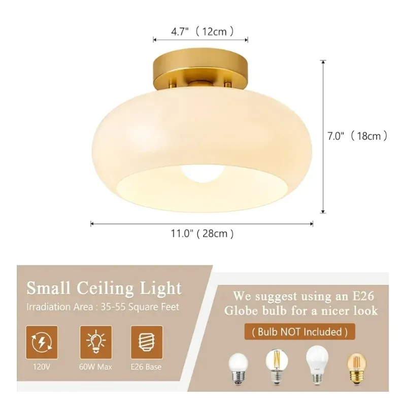 Luz de techo de semiploqueo de color dorado moderno de mediados de siglo, lámpara de techo de cocina con sombra de vidrio, blanco vintage cerca de la lámpara de techo para el baño de pasillo de entrada (8,66 pulgadas)