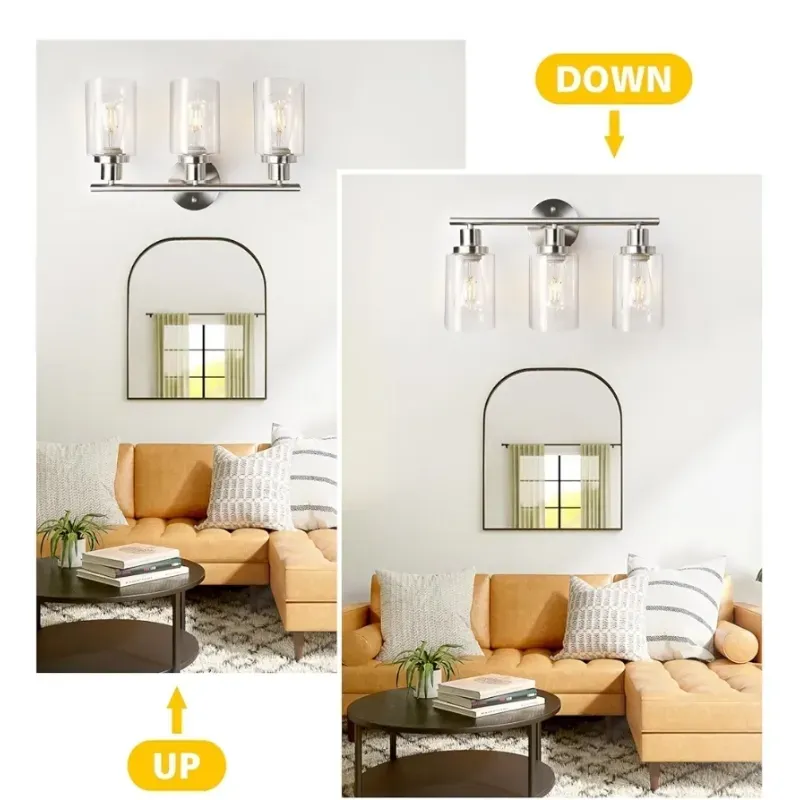 Luz de vanidad ligera Unicozin 3, luz de cono de níquel cepillada con vidrio transparente, lámparas de baño, luces de pared para espejo, sala de estar, dormitorio, pasillo, base E26 (Basón de níquel con níquel con níquel claro, luces de baño, luces de pared para espejo, sala de estar, dormitorio, pasillo, base E26).