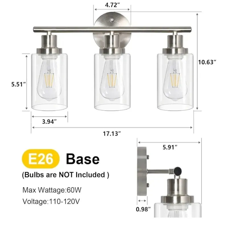 Luz de vanidad ligera Unicozin 3, luz de cono de níquel cepillada con vidrio transparente, lámparas de baño, luces de pared para espejo, sala de estar, dormitorio, pasillo, base E26 (Basón de níquel con níquel con níquel claro, luces de baño, luces de pared para espejo, sala de estar, dormitorio, pasillo, base E26).