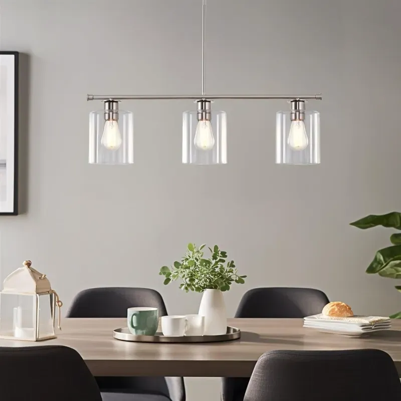 Luz Moderna de Isla de la Casa de la Granja Industrial Luz + Tapas de cristal claras, Altura Colgante Ajustable, Acabado de níquel cepillado.