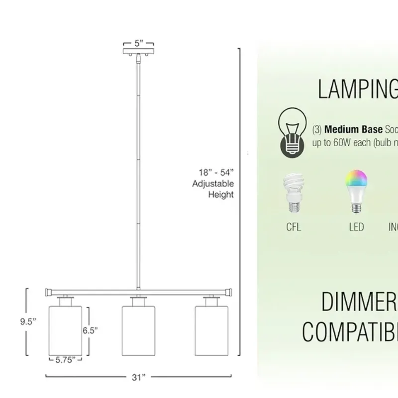 Luz Moderna de Isla de la Casa de la Granja Industrial Luz + Tapas de cristal claras, Altura Colgante Ajustable, Acabado de níquel cepillado.