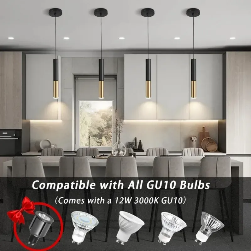 Moderna lámpara colgante negra y dorada para isla de cocina, iluminación colgante de 1 luz, cable de luces ajustable, soporte de lámpara GU10 a juego, para sala de estar, dormitorio, comedor
