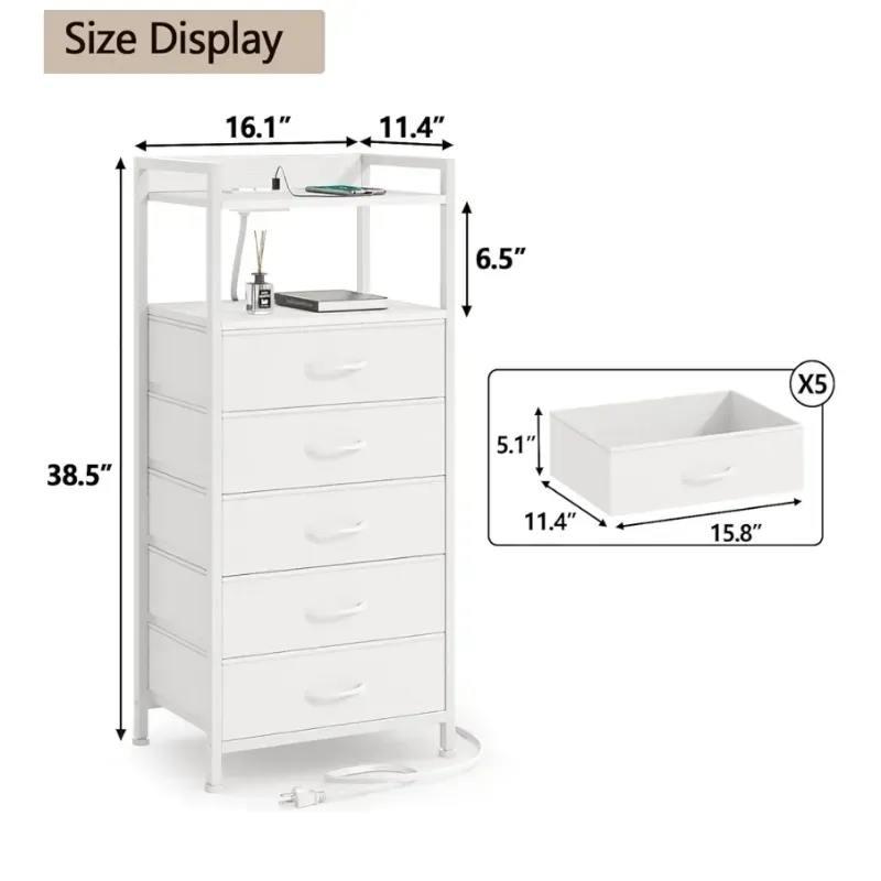 Soporte de noche blanco de muebles con cajón de almacenamiento de 5, tocador alto para dormitorio con luz LED y estación de carga, soporte nocturno de mesa lateral para armario, contenedores de tela, marco metálico, estantería de madera (blanco)