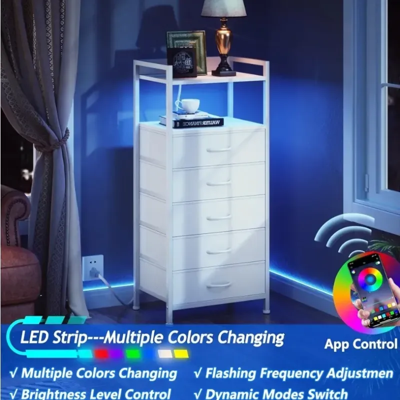 Soporte de noche blanco de muebles con cajón de almacenamiento de 5, tocador alto para dormitorio con luz LED y estación de carga, soporte nocturno de mesa lateral para armario, contenedores de tela, marco metálico, estantería de madera (blanco)