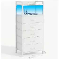 Soporte de noche blanco de muebles con cajón de almacenamiento de 5, tocador alto para dormitorio con luz LED y estación de carga, soporte nocturno de mesa lateral para armario, contenedores de tela, marco metálico, estantería de madera (blanco)