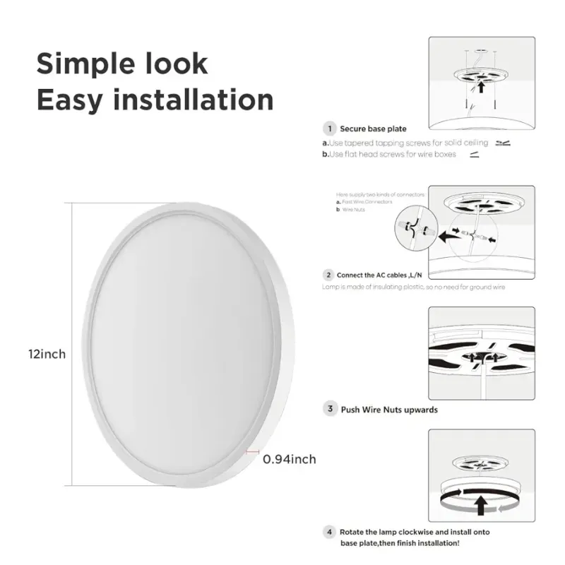  TALOYA Luz de techo de 12 pulgadas (concha blanca de leche), lámpara LED de montaje superficial de 20W para la cocina del dormitorio,5 Temperaturas de color en una ronda de espesor de 0,94 pulgadas.