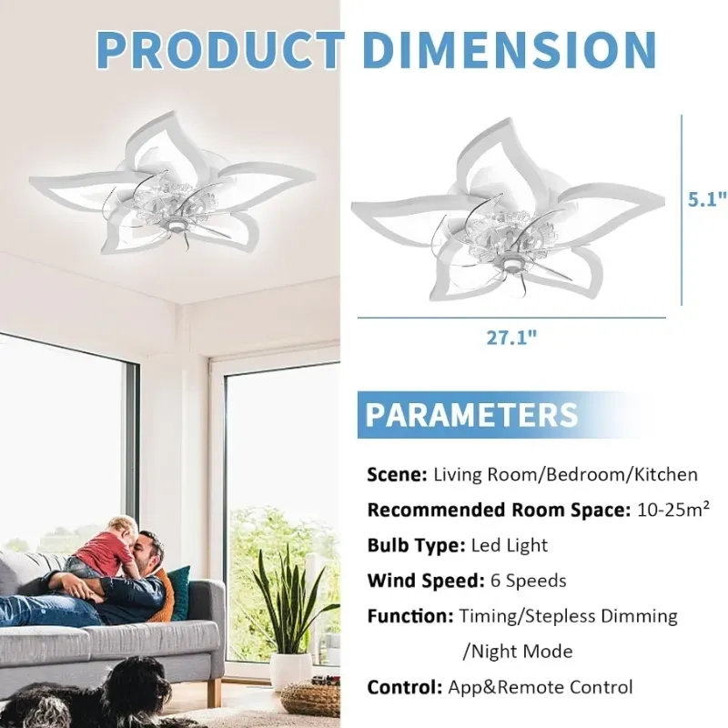 Ventilador de techo regulable con luz y control remoto, ventilador de techo pequeño de 27 pulgadas con luces LED, aplicación y control remoto, moderno, blanco, mejorado