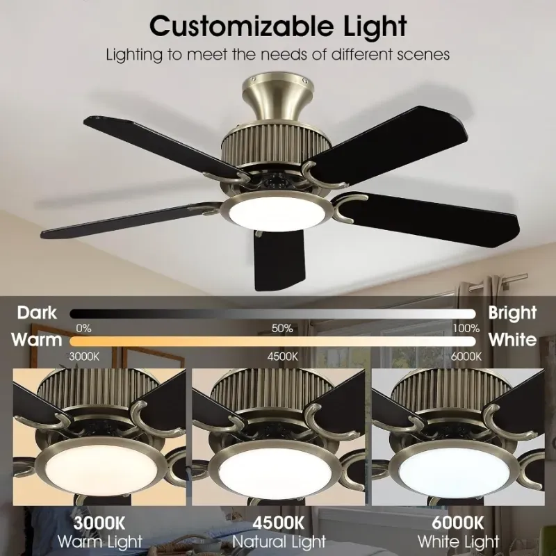 Ventiladores de techo de perfil bajo de 44 pulgadas con luces y aplicación y control remoto, ventilador de techo de montaje empotrado para interiores y exteriores, 3 colores regulables