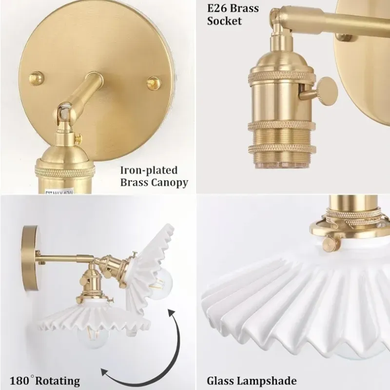 Vintage Wall Sconce con lámpara cerámica de plisado blanco de 180 grados de escobillas ajustables de vidrio, lámpara de pared con un interruptor para la puerta del dormitorio de noche.