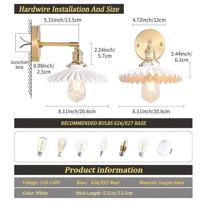 Vintage Wall Sconce con lámpara cerámica de plisado blanco de 180 grados de escobillas ajustables de vidrio, lámpara de pared con un interruptor para la puerta del dormitorio de noche.