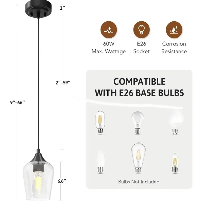 VONLUCE Luzes pendientes Isla de cocina, Luz pendiente negra mate Fixturas con base E26 y cable ajustable, Iluminación pendiente moderna con sombra de cristal para sala de estar Pasillo de dormitorio, 2 paquetes