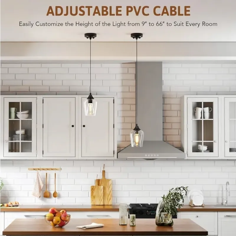 VONLUCE Luzes pendientes Isla de cocina, Luz pendiente negra mate Fixturas con base E26 y cable ajustable, Iluminación pendiente moderna con sombra de cristal para sala de estar Pasillo de dormitorio, 2 paquetes