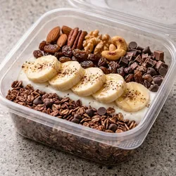 Lonche fit de chocolate 🍫 proteína, frutos secos, cereal,  banana,  crema de chocolate, pasas, miel