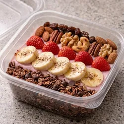 Lonche fit de fresas🍓 proteína, banana, pasas, frutos secos, crema de fresa, cereal, miel