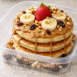 Panqueques🥞 hechos de huevo, avena, proteína, banana, cubierto con mantequilla de maní, frutos secos, pasas, fresas