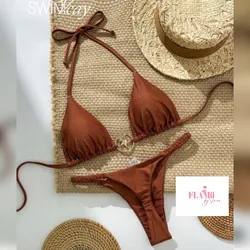 Bikini color marrón con detalle dorado