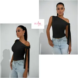 Blusa asimetrica tiras colgantes color negro