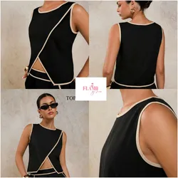 Blusa color negro con abertura filos en beige