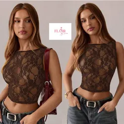 Blusa de encaje transparente color marron