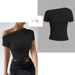 Blusa basica negra asimetrica de mangas cortas