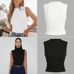 Blusas desmangadas fruncidas cuello alto. Solo blanca disponible