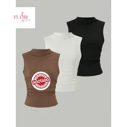 Blusas desmangadas fruncidas cuello alto