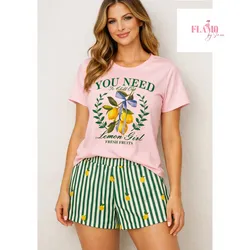 Conjunto casual de short rayas y pulover rosado estampado