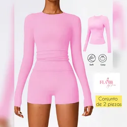 Conjunto de 2 piezas enguatada y leggin corto color rosa