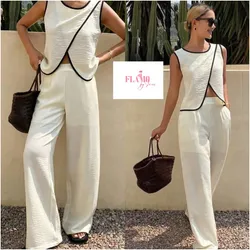 Conjunto de pantalon y blusa estilo hilo detalles en negro