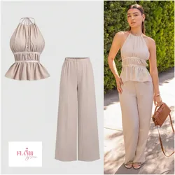 Conjunto de pantaloneta y blusa fruncida color marron