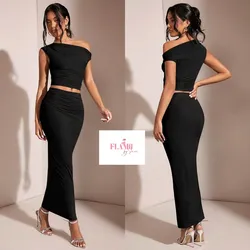 Conjunto de saya larga y blusa asimetrica color negro