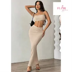 Conjunto de saya larga y top color beige