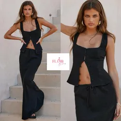 Conjunto de saya tela tipo hilo color negro con botones