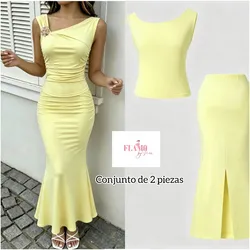 Conjunto de saya y blusa asimetrica color amarillo