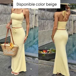 CONJUNTO DE SAYA Y TOP ELASTIZADO COLOR BEIGE DETALLES DE BOLAS MARRÓN