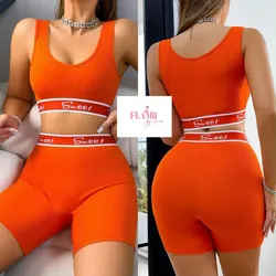 Conjunto de top y licra corta naranja y blanco slogan Sweet