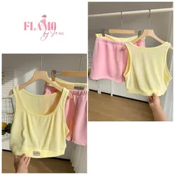 Conjunto de top y short casual amarillo y rosa