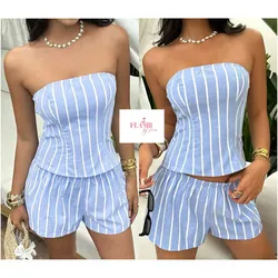 Conjunto de top y short rayas azul y blanco