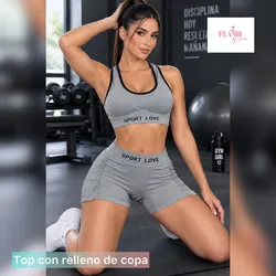 Conjunto deportivo de licra corta y top gris y negro
