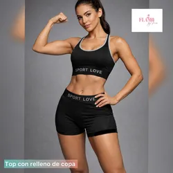 Conjunto deportivo de licra corta y top negro y blanco