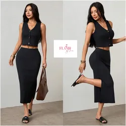 Conjunto elastizado de saya larga y blusa color negro