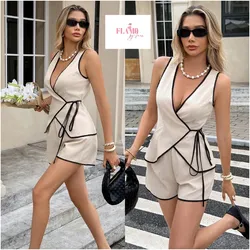 Conjunto tipo hilo de short color beige con detalles negros
