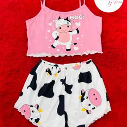 Pijama temática de vaca top rosa pastel