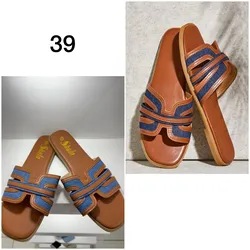 Sandalias color marrón estilo Hermés detalles en mezclilla azul #39