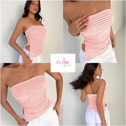 Top asimetrico sin tirantes con rayas